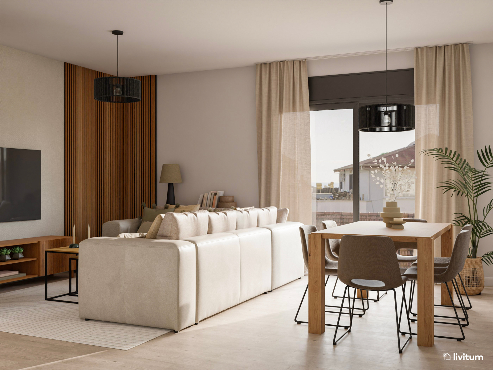 Elegante salón comedor en blanco y madera con acentos negros 