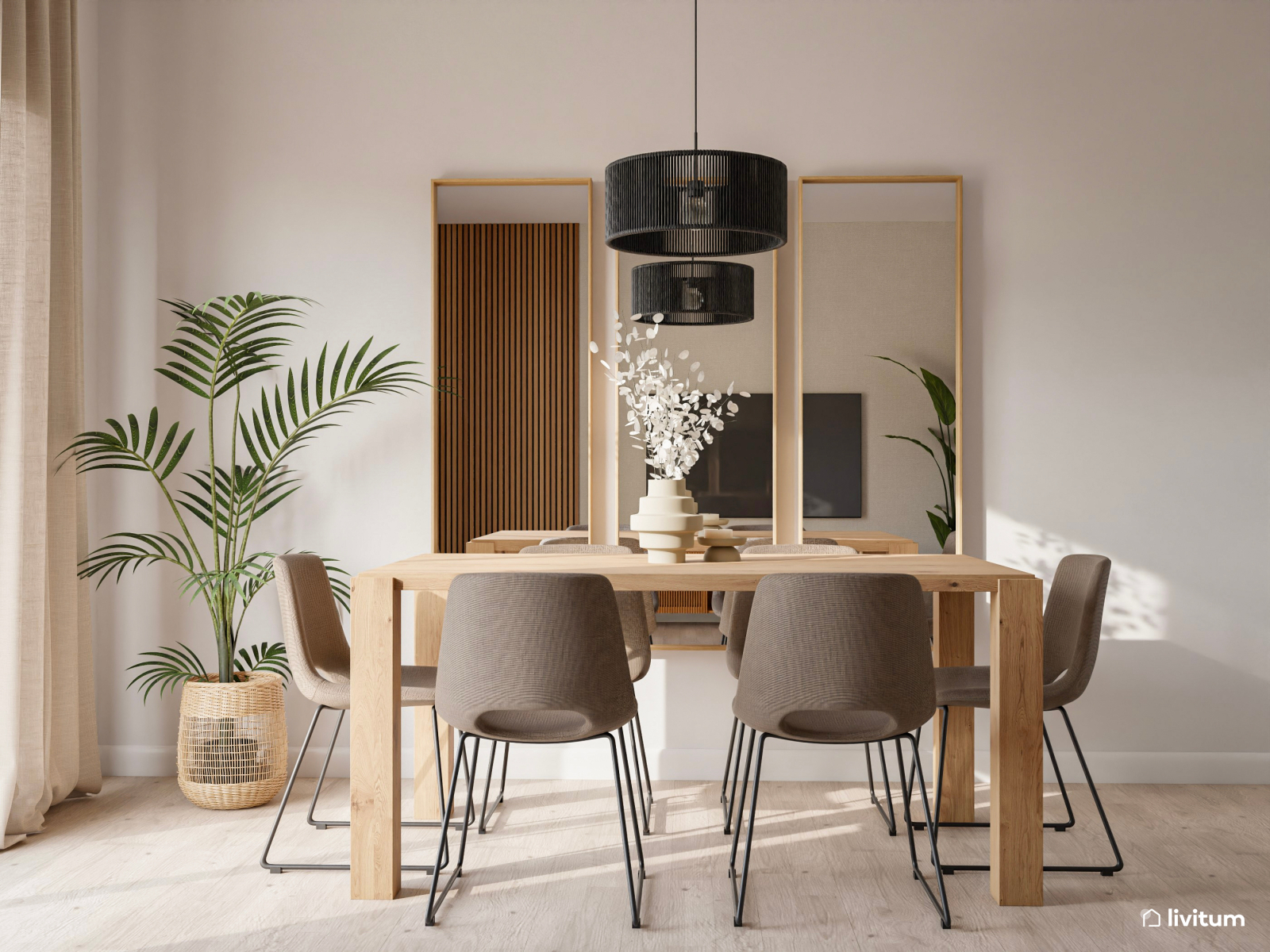 Elegante salón comedor en blanco y madera con acentos negros 