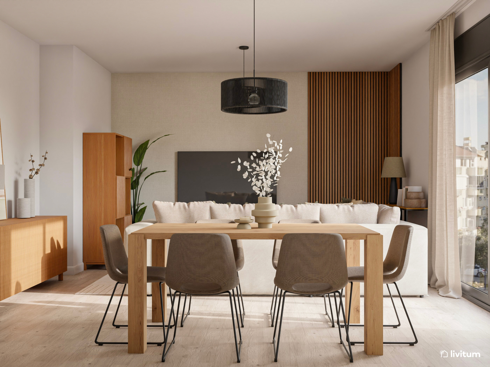 Elegante salón comedor en blanco y madera con acentos negros 