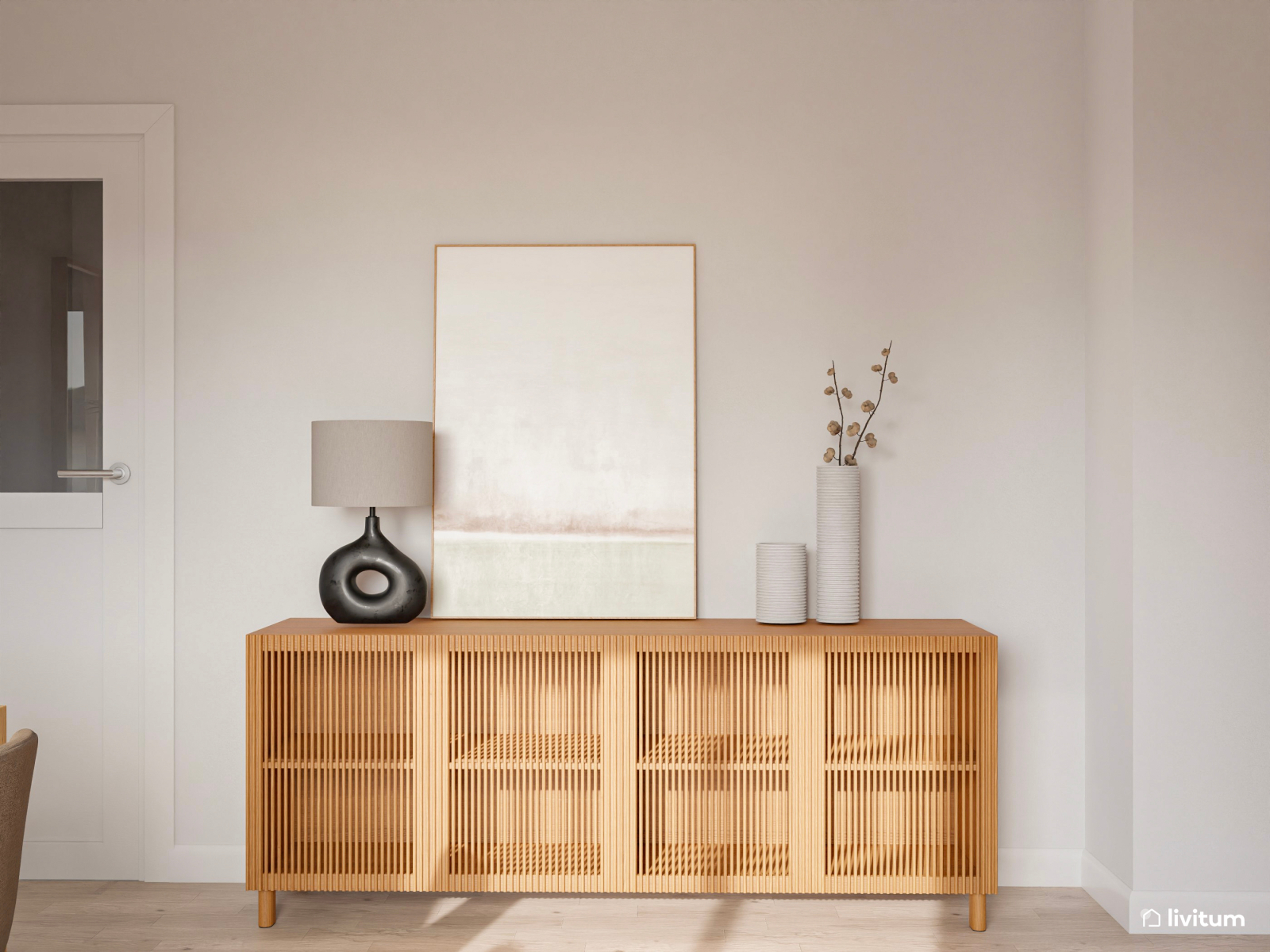 Elegante salón comedor en blanco y madera con acentos negros 