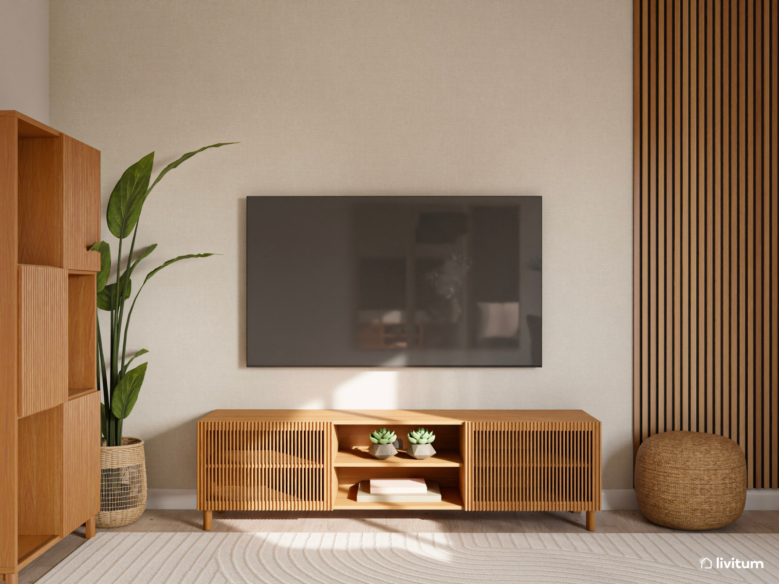 Elegante salón comedor en blanco y madera con acentos negros 