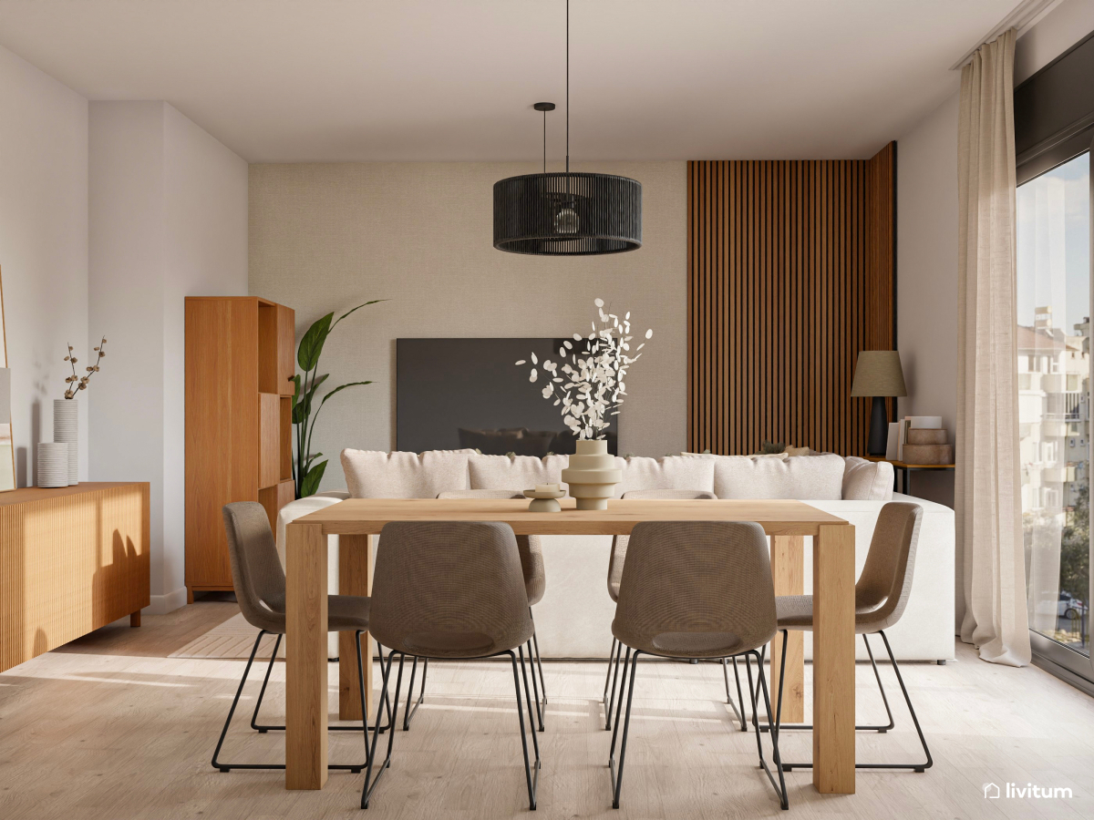 Elegante salón comedor en blanco y madera con acentos negros