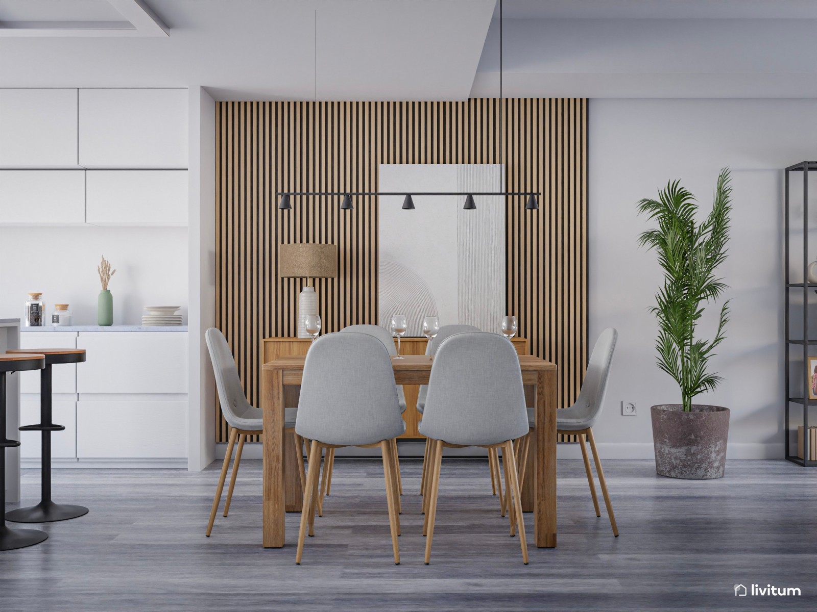 Elegante salón comedor en gris, blanco y listones de madera 