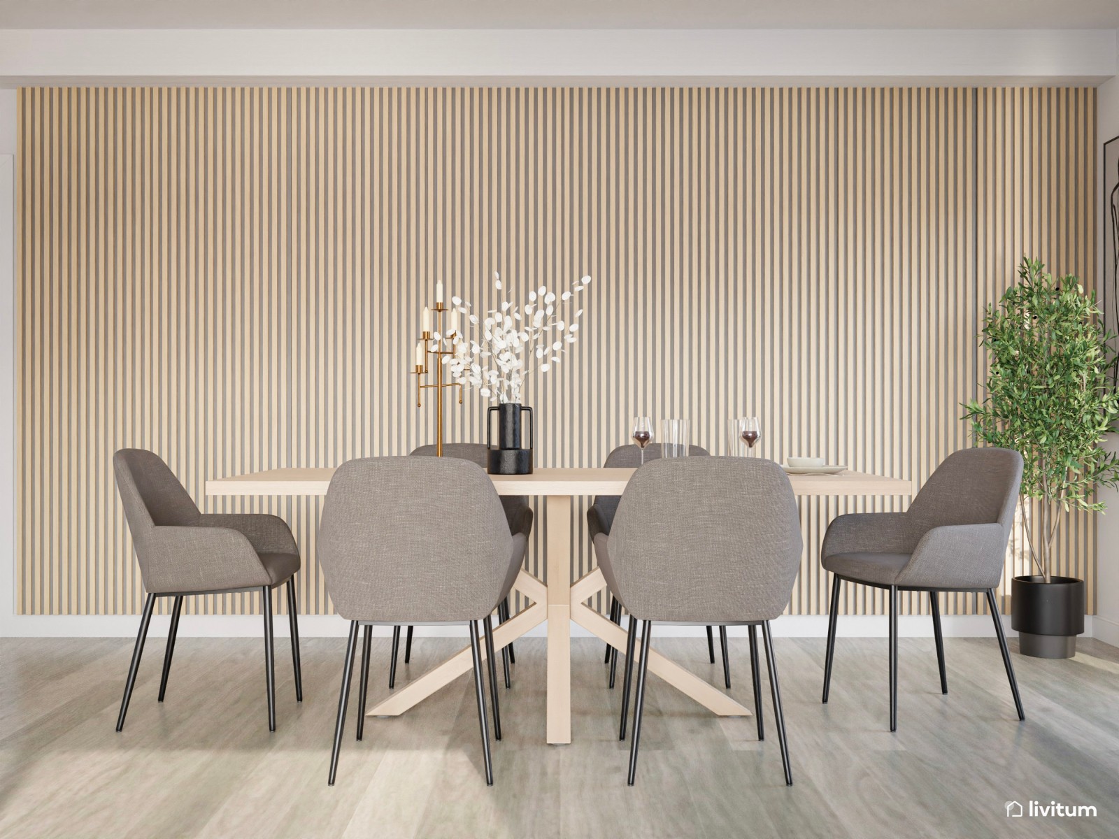 Elegante salón comedor en gris, malva y madera 