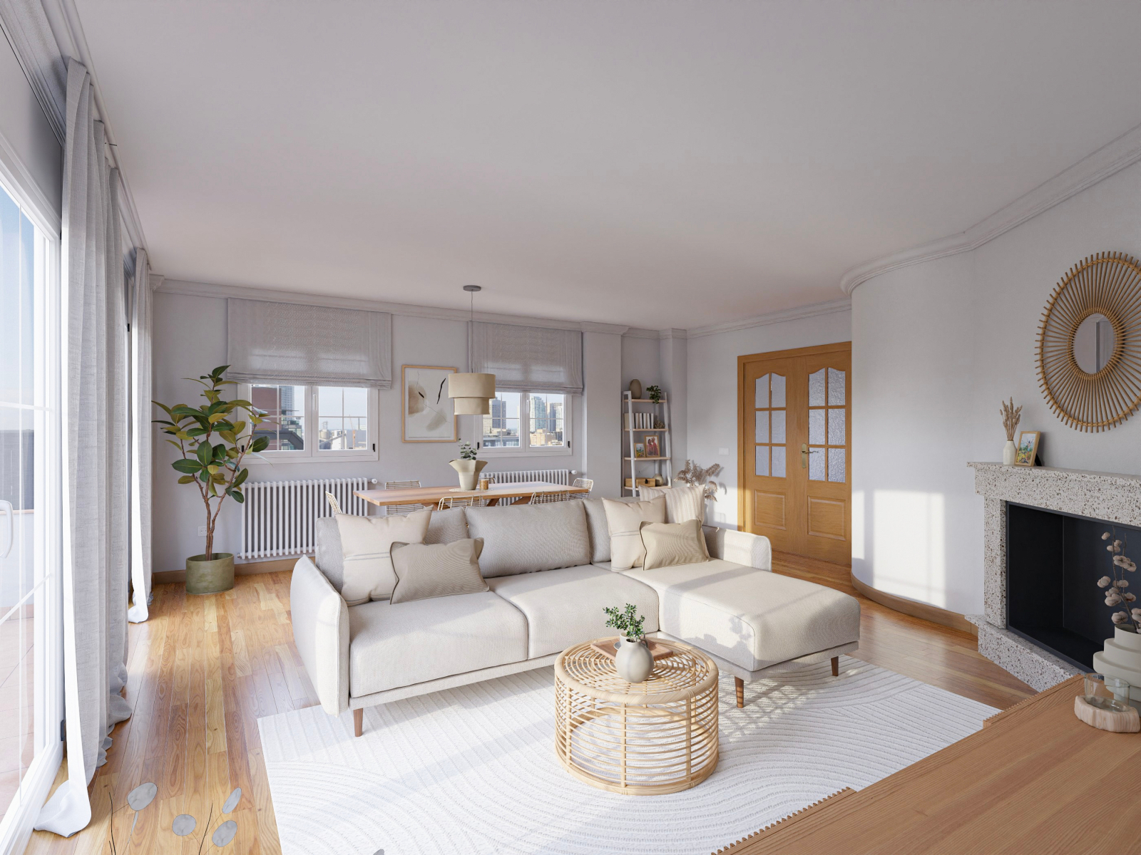 Elegante salón comedor en tonos beige con madera y ratán