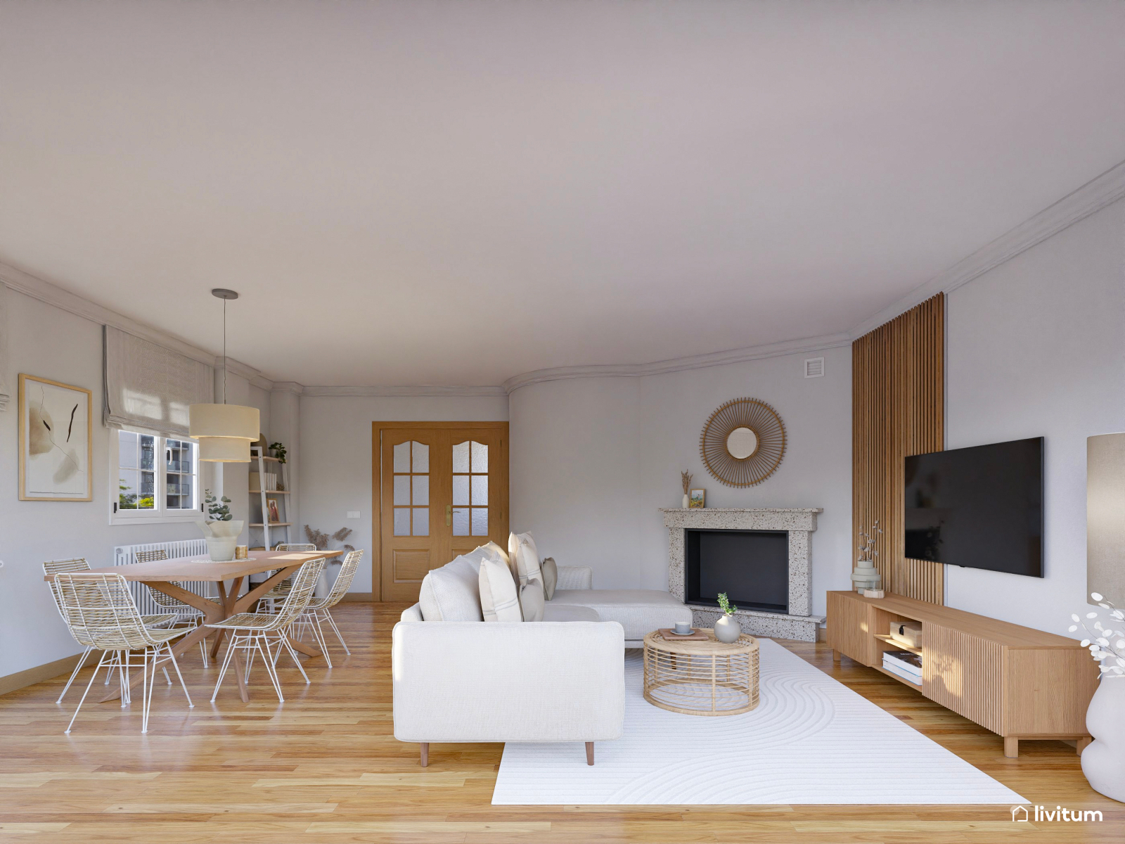 Elegante salón comedor en tonos beige con madera y ratán