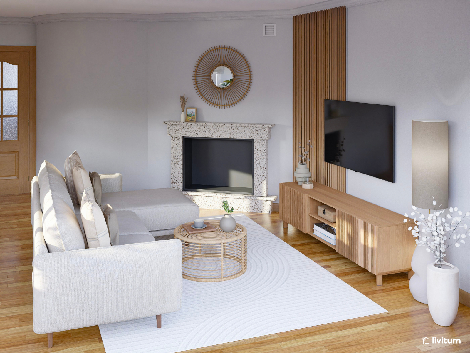 Elegante salón comedor en tonos beige con madera y ratán