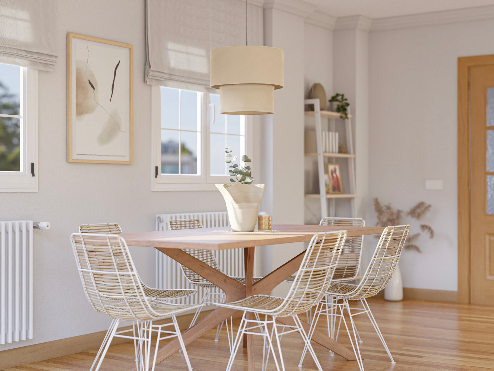 Elegante salón comedor en tonos beige con madera y ratán