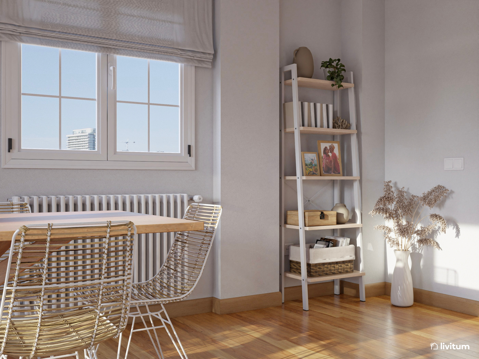 Elegante salón comedor en tonos beige con madera y ratán