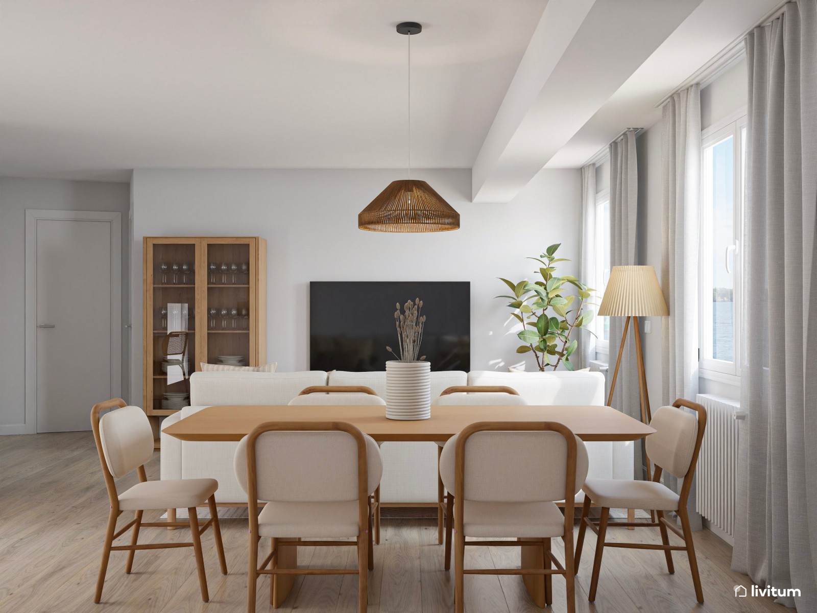 Elegante salón comedor nórdico en madera y tonos claros