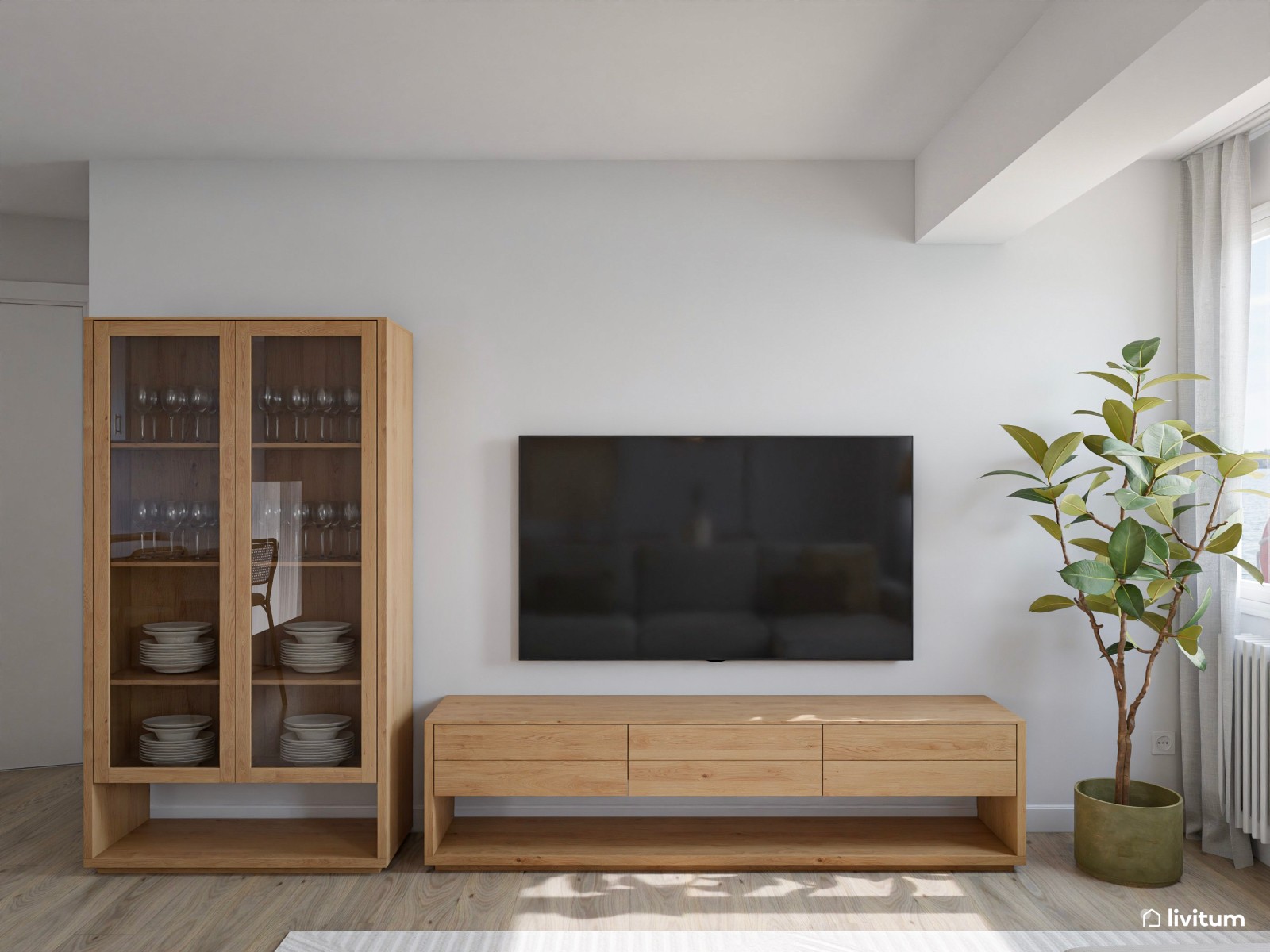 Elegante salón comedor nórdico en madera y tonos claros