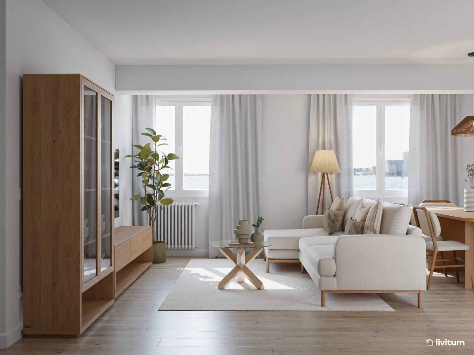 Elegante salón comedor nórdico en madera y tonos claros