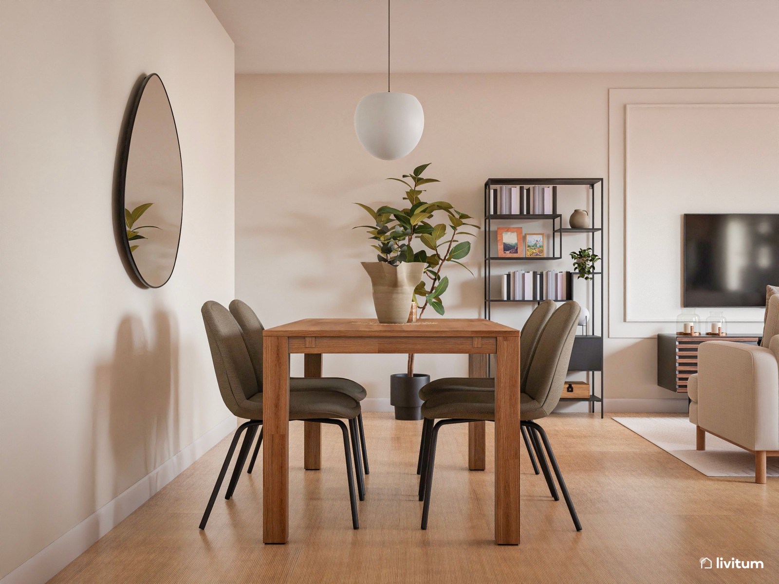 Elegante salón con cocina abierta en colores neutros