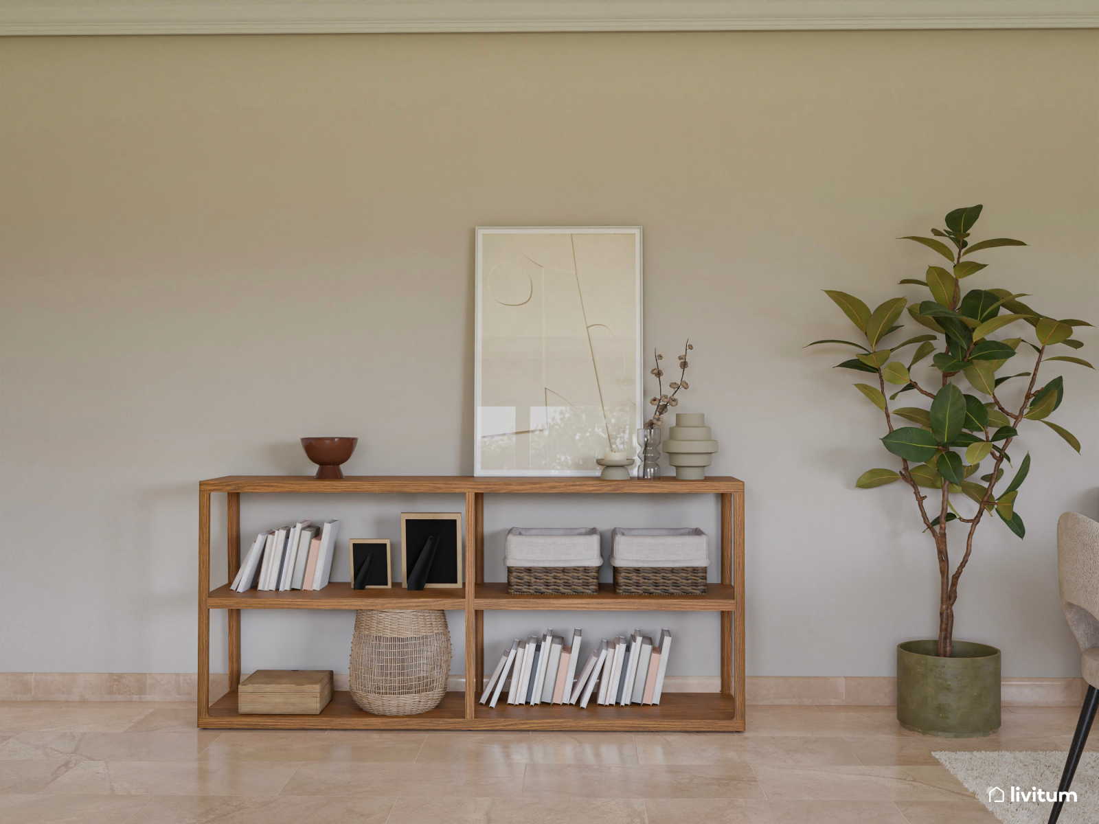 Elegante y amplio salón comedor en tonos neutros y toques vegetales