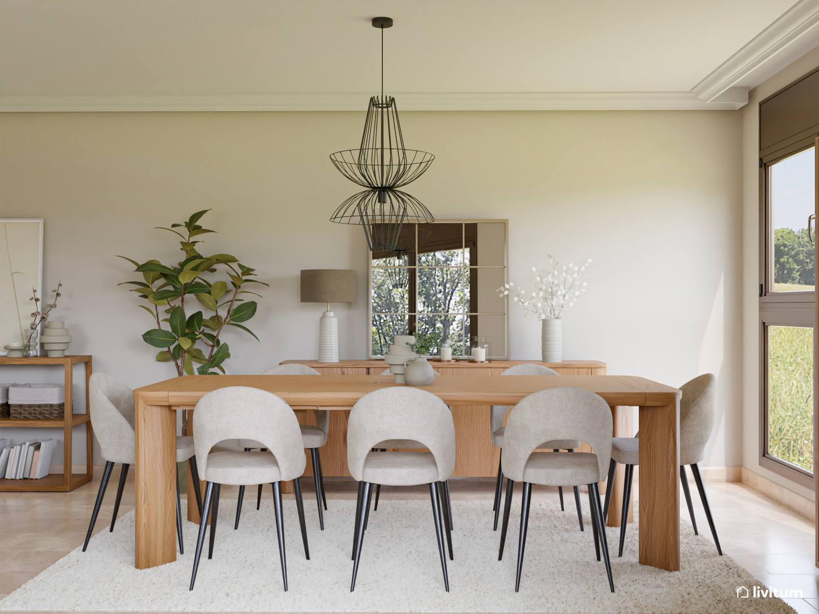 Elegante y amplio salón comedor en tonos neutros y toques vegetales