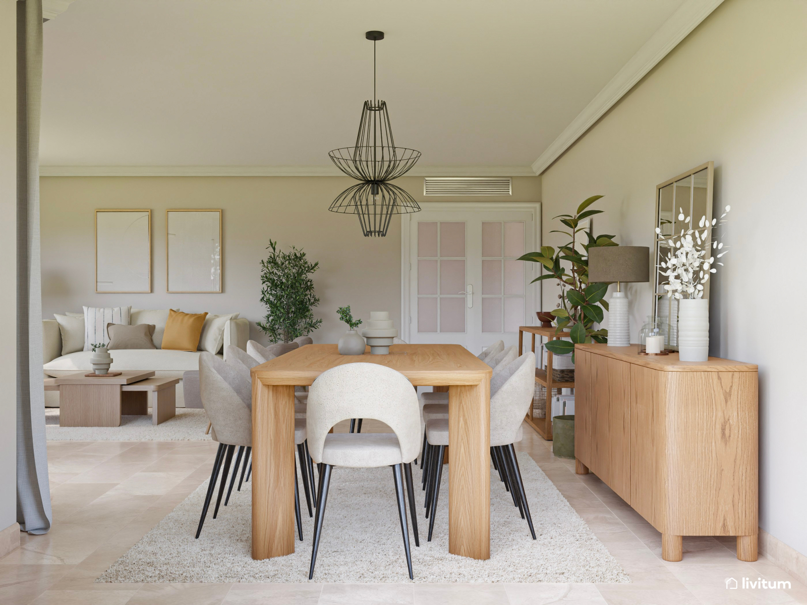 Elegante y amplio salón comedor en tonos neutros y toques vegetales