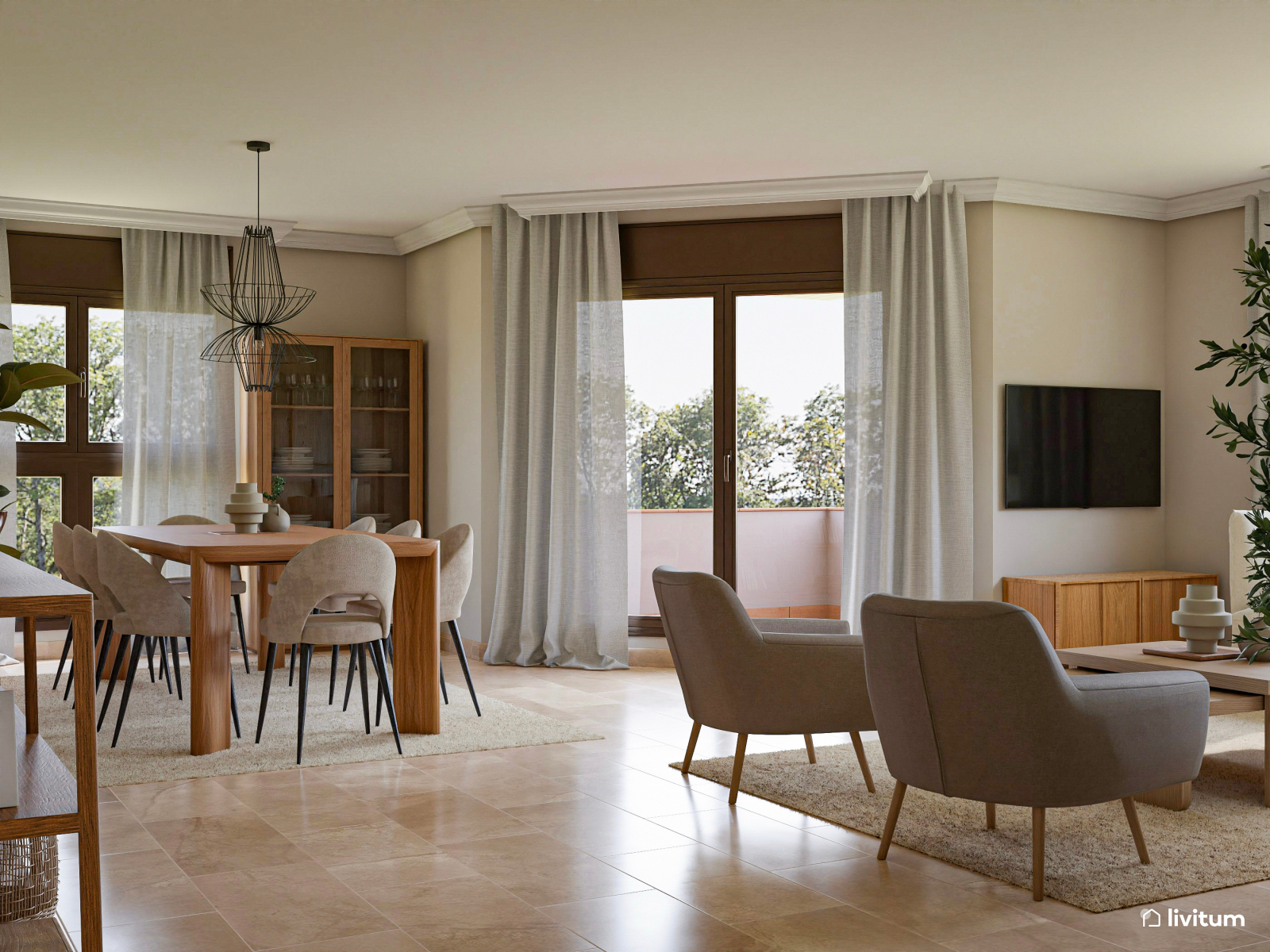 Elegante y amplio salón comedor en tonos neutros y toques vegetales