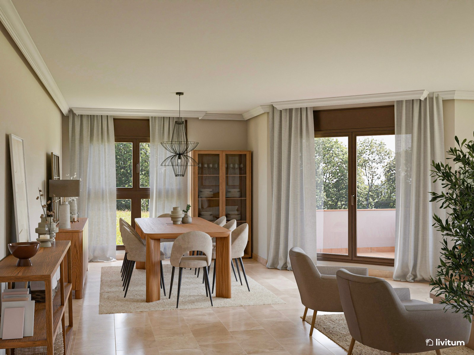 Elegante y amplio salón comedor en tonos neutros y toques vegetales