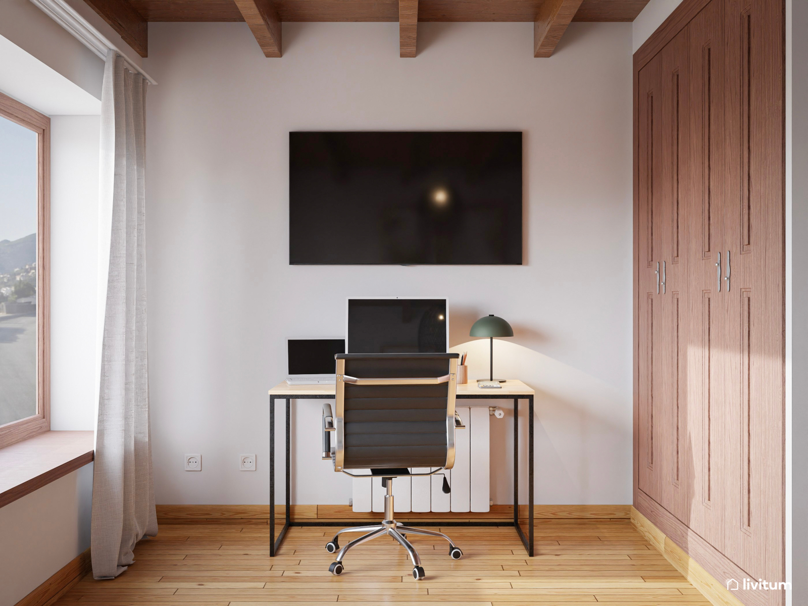 Elegante y cálido dormitorio doble con espacio de trabajo