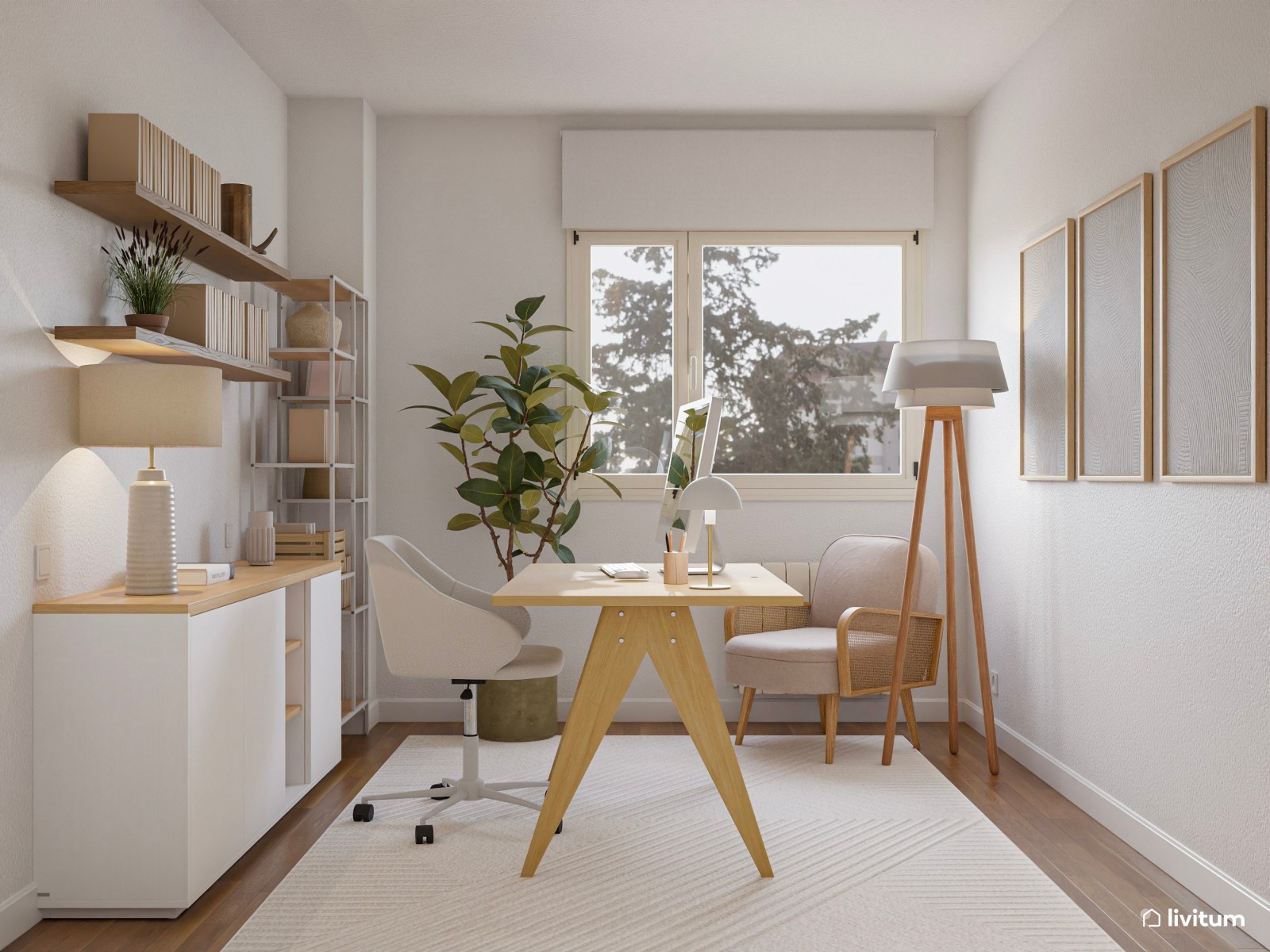 Elegante y cálido estudio en blanco y madera