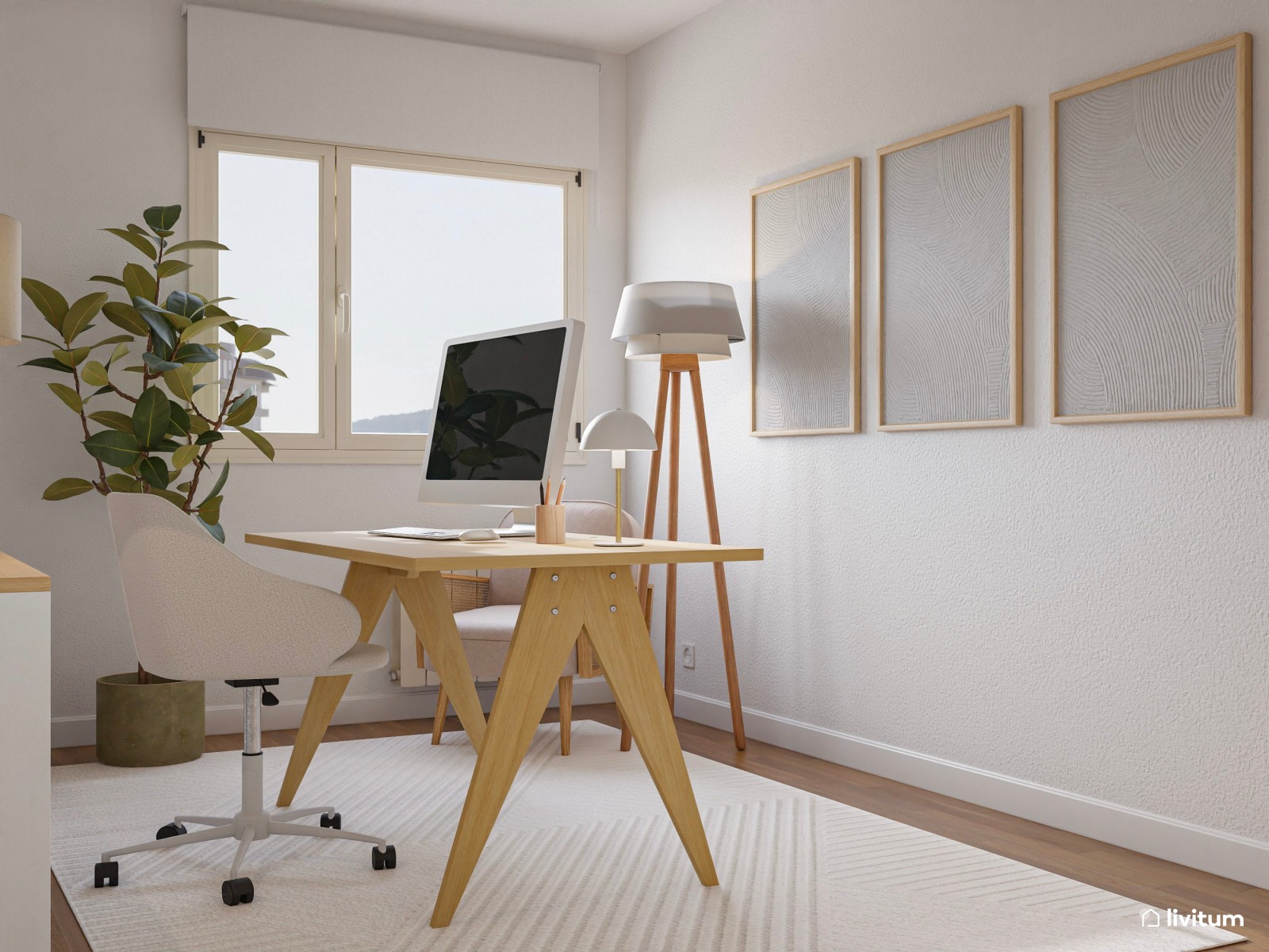 Elegante y cálido estudio en blanco y madera