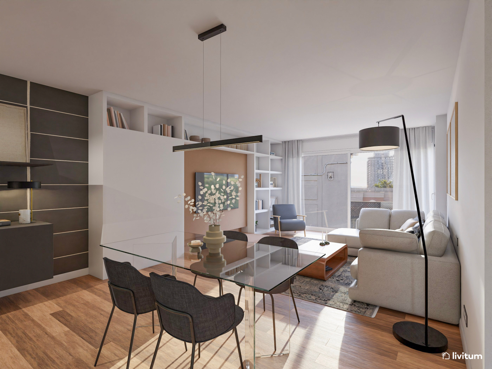 Elegante y moderno salón comedor en tonos grises y blancos