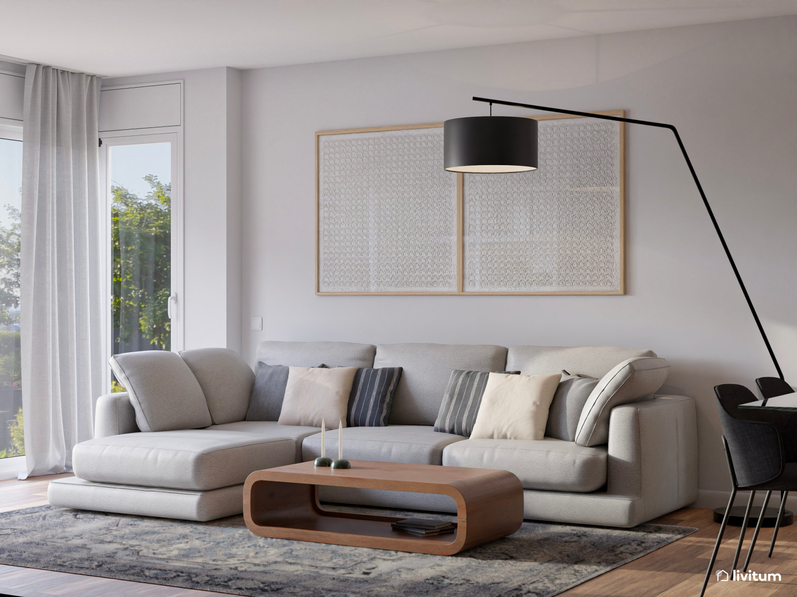 Elegante y moderno salón comedor en tonos grises y blancos