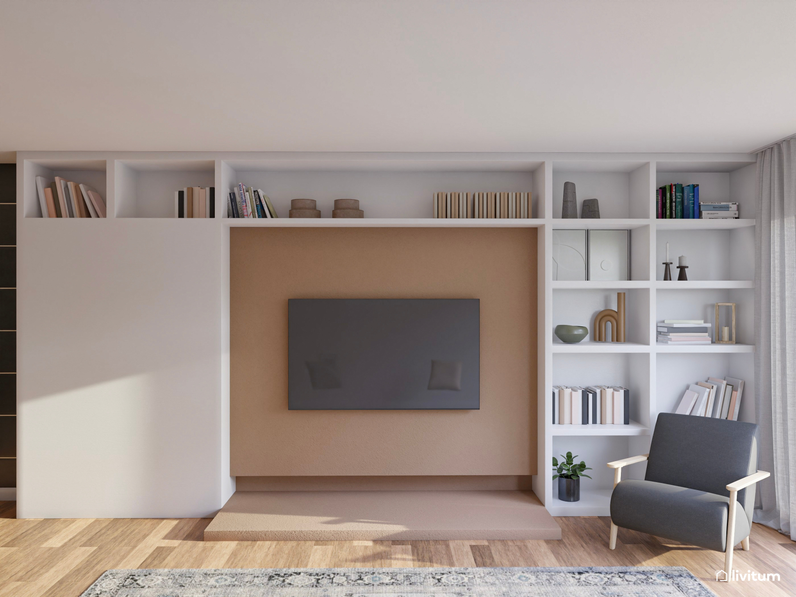 Elegante y moderno salón comedor en tonos grises y blancos