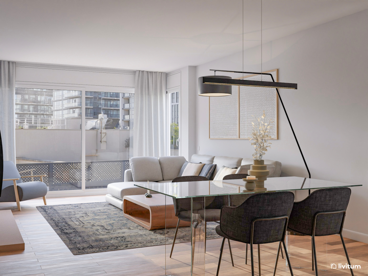 Elegante y moderno salón comedor en tonos grises y blancos