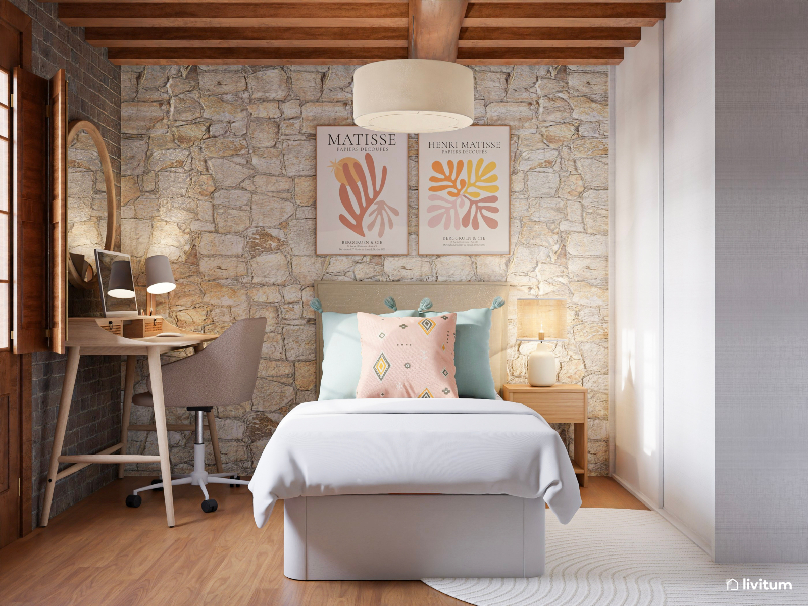  Encantador dormitorio con pared de piedra y muebles de madera