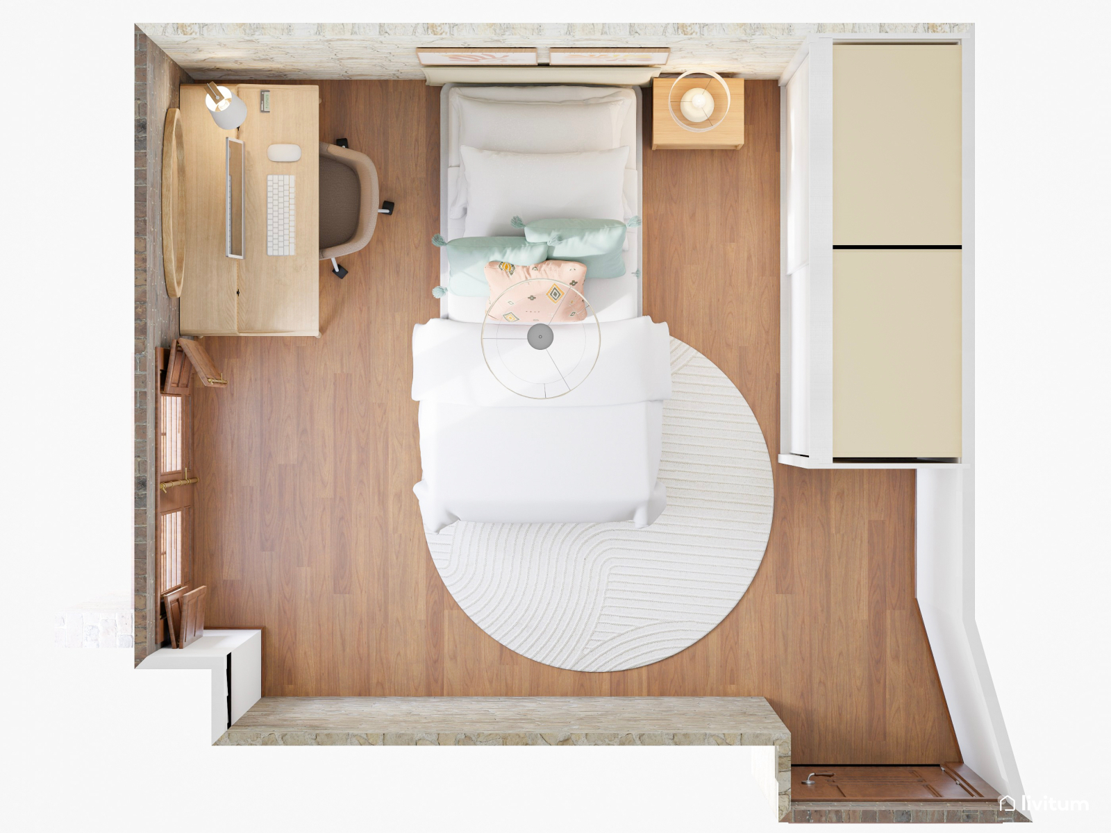  Encantador dormitorio con pared de piedra y muebles de madera