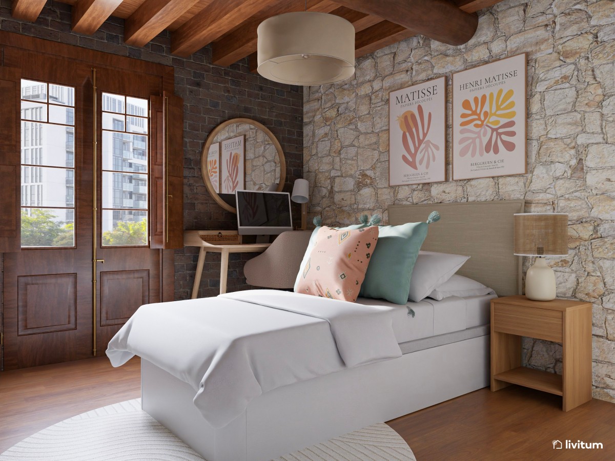 Encantador dormitorio con pared de piedra y muebles de madera