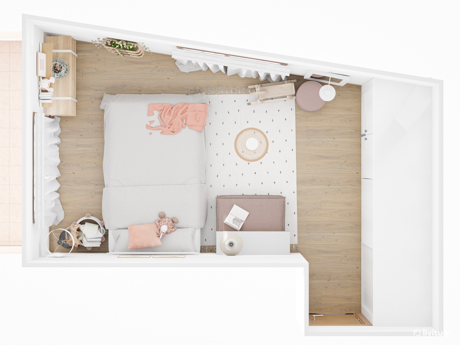 Encantador dormitorio infantil blanco con detalles en rosa pastel