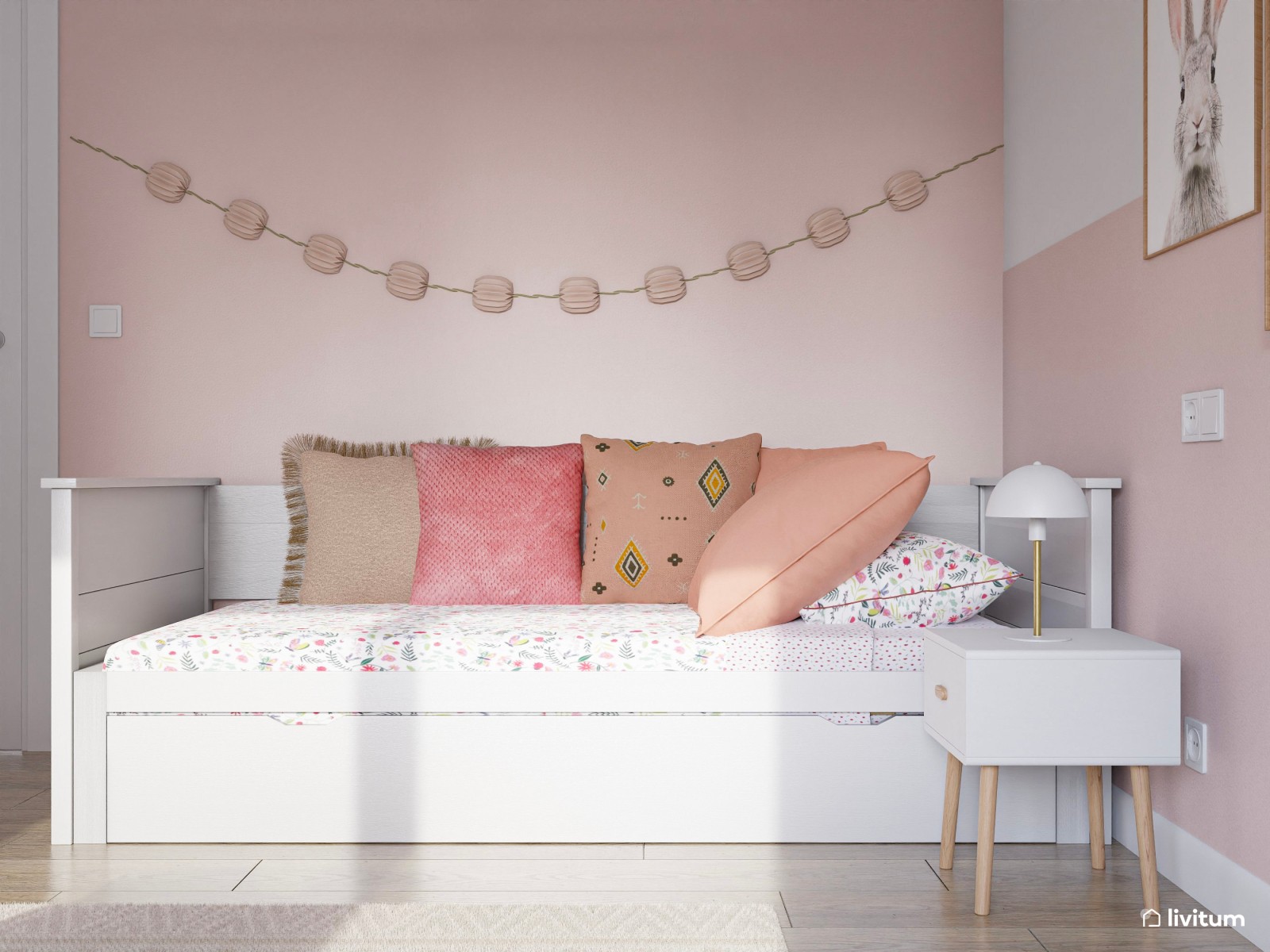 Encantador dormitorio infantil con pared en blanco y rosa