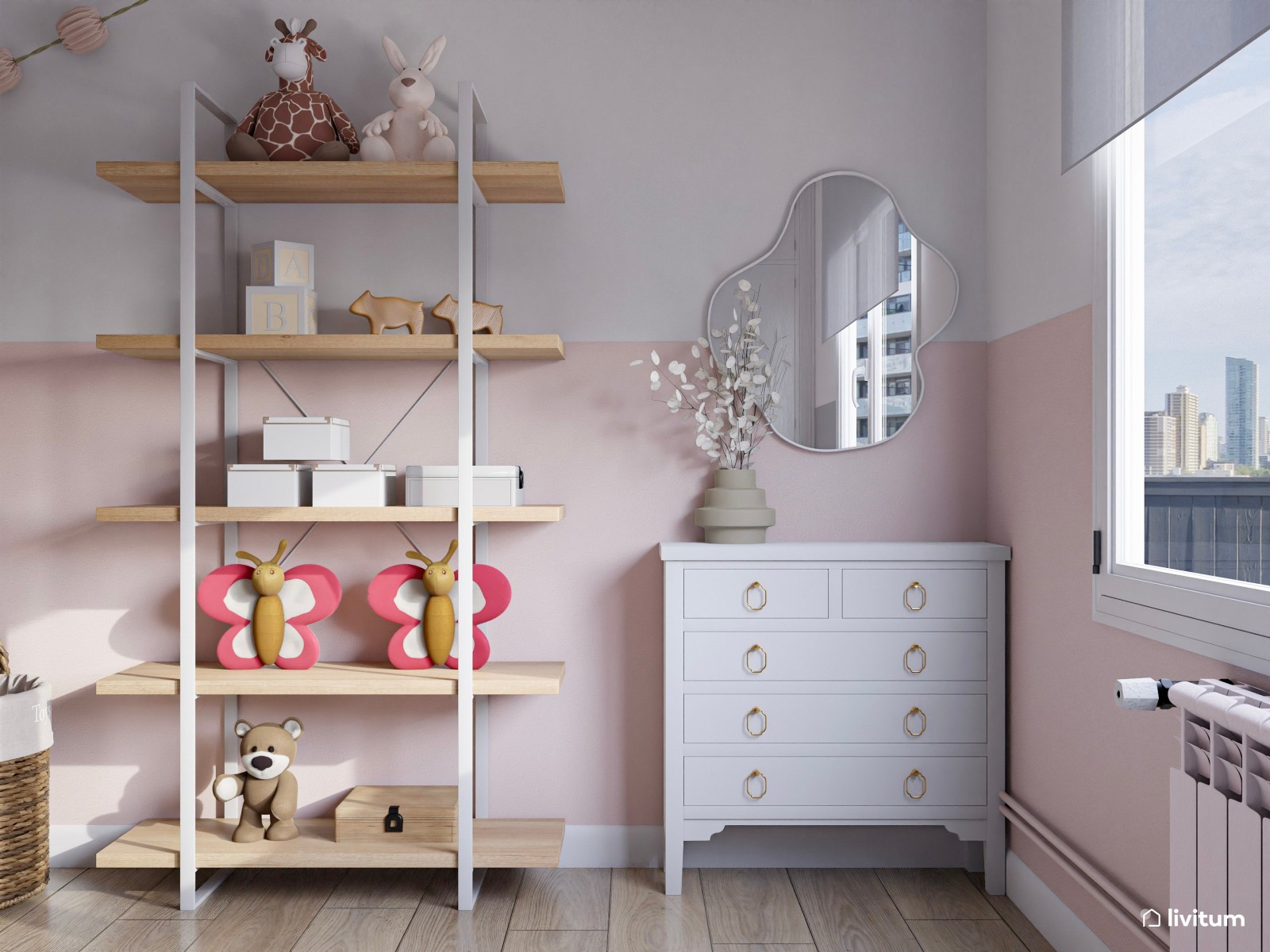 Encantador dormitorio infantil con pared en blanco y rosa