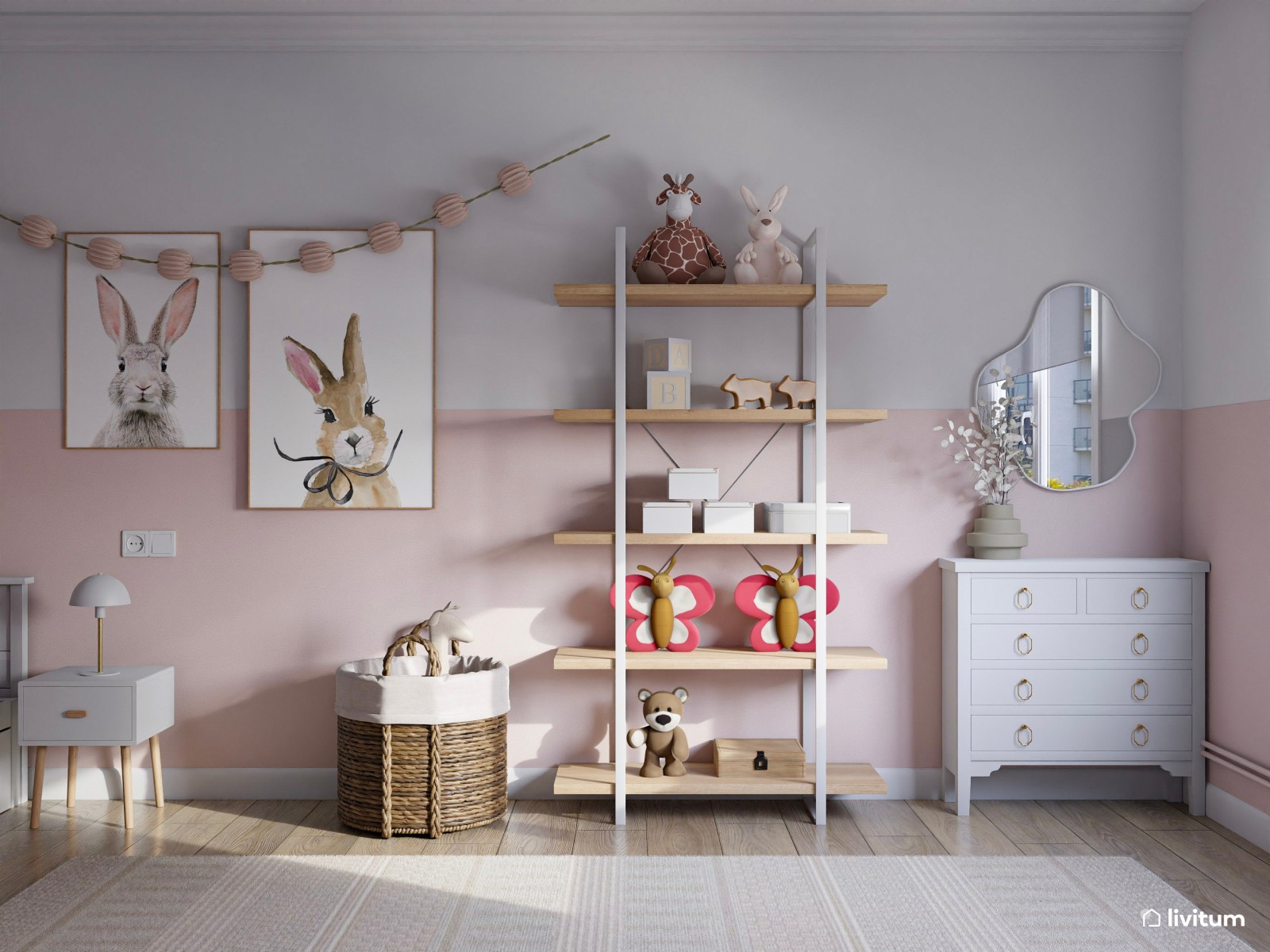 Encantador dormitorio infantil con pared en blanco y rosa