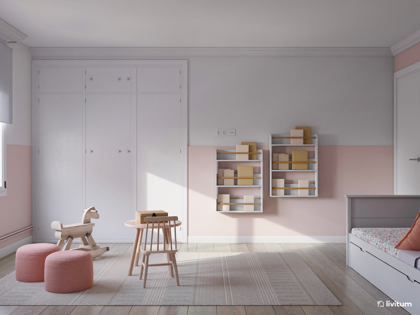 Encantador dormitorio infantil con pared en blanco y rosa