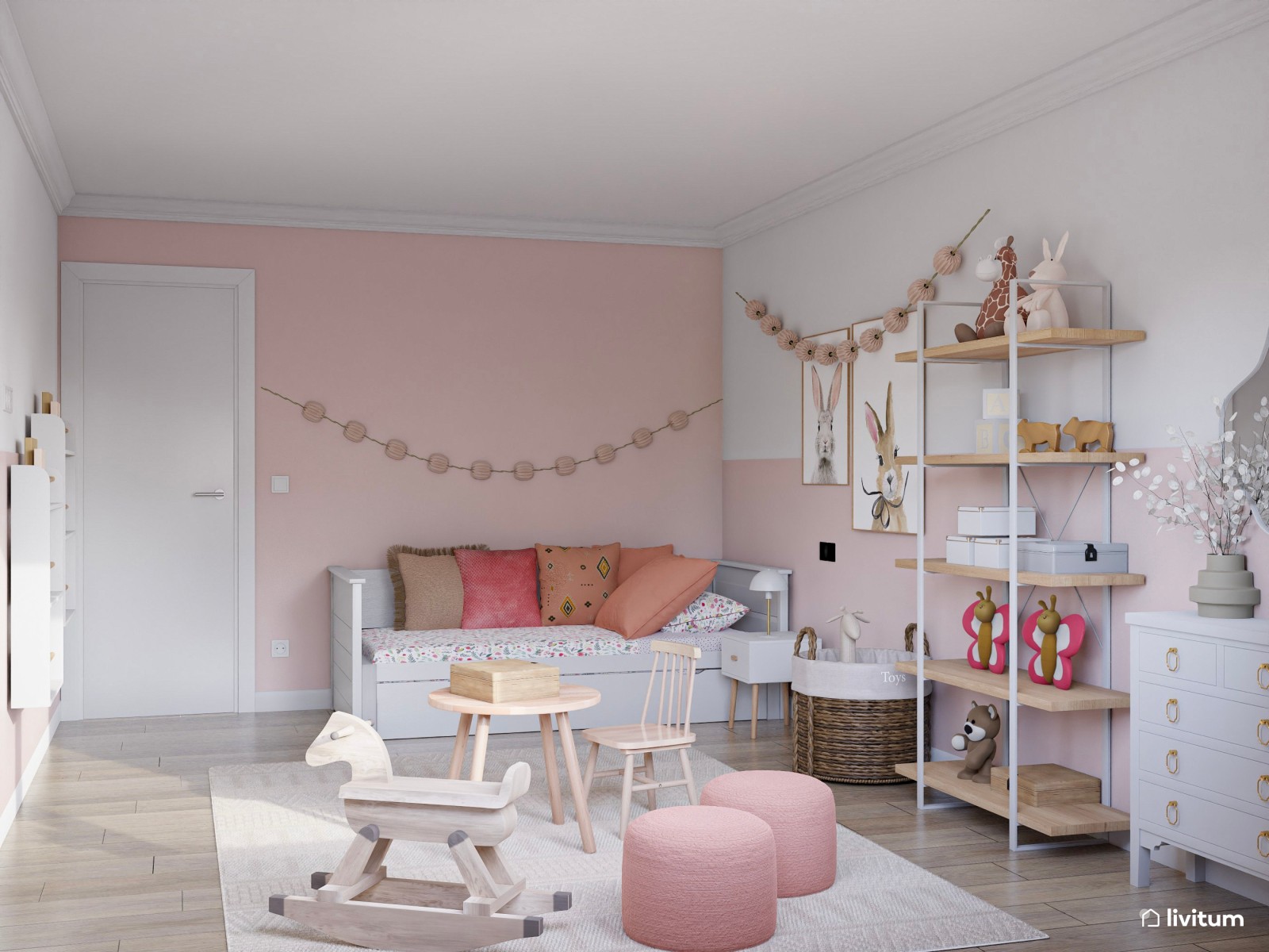 Encantador dormitorio infantil con pared en blanco y rosa