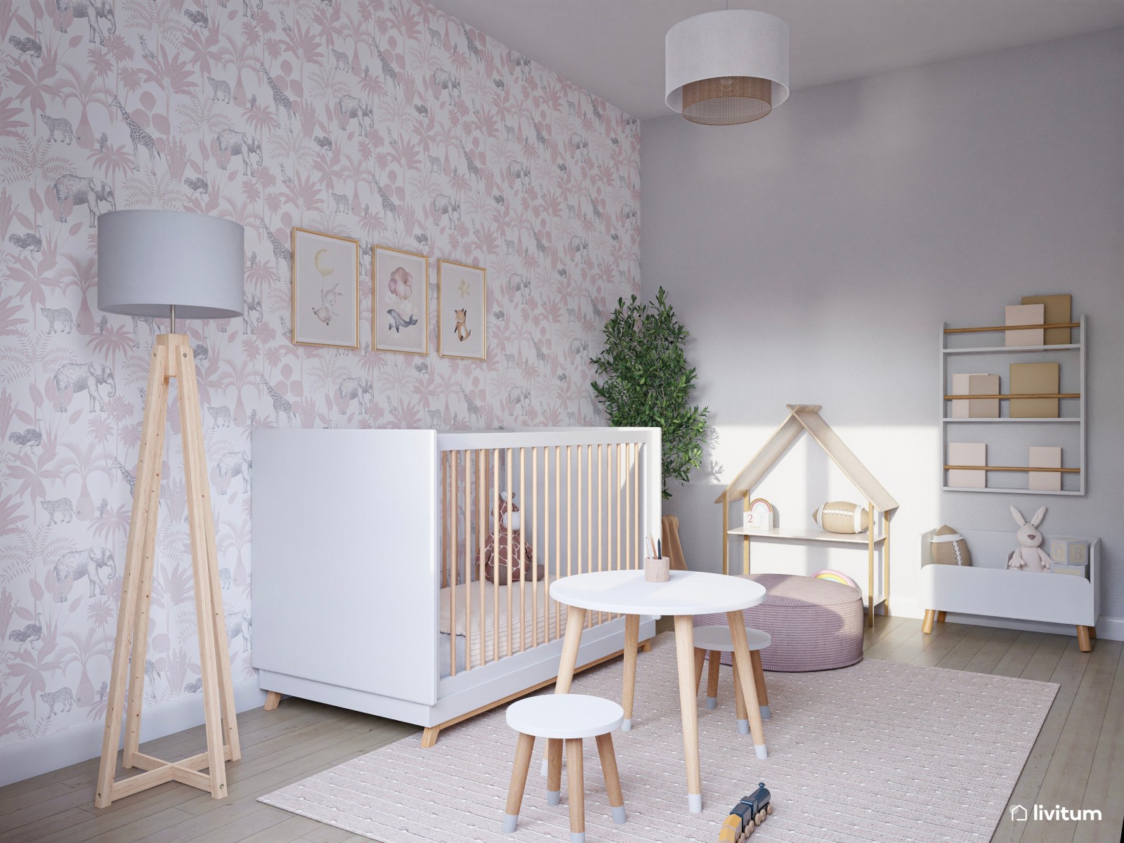 Encantador dormitorio infantil para bebé con zona de juego 