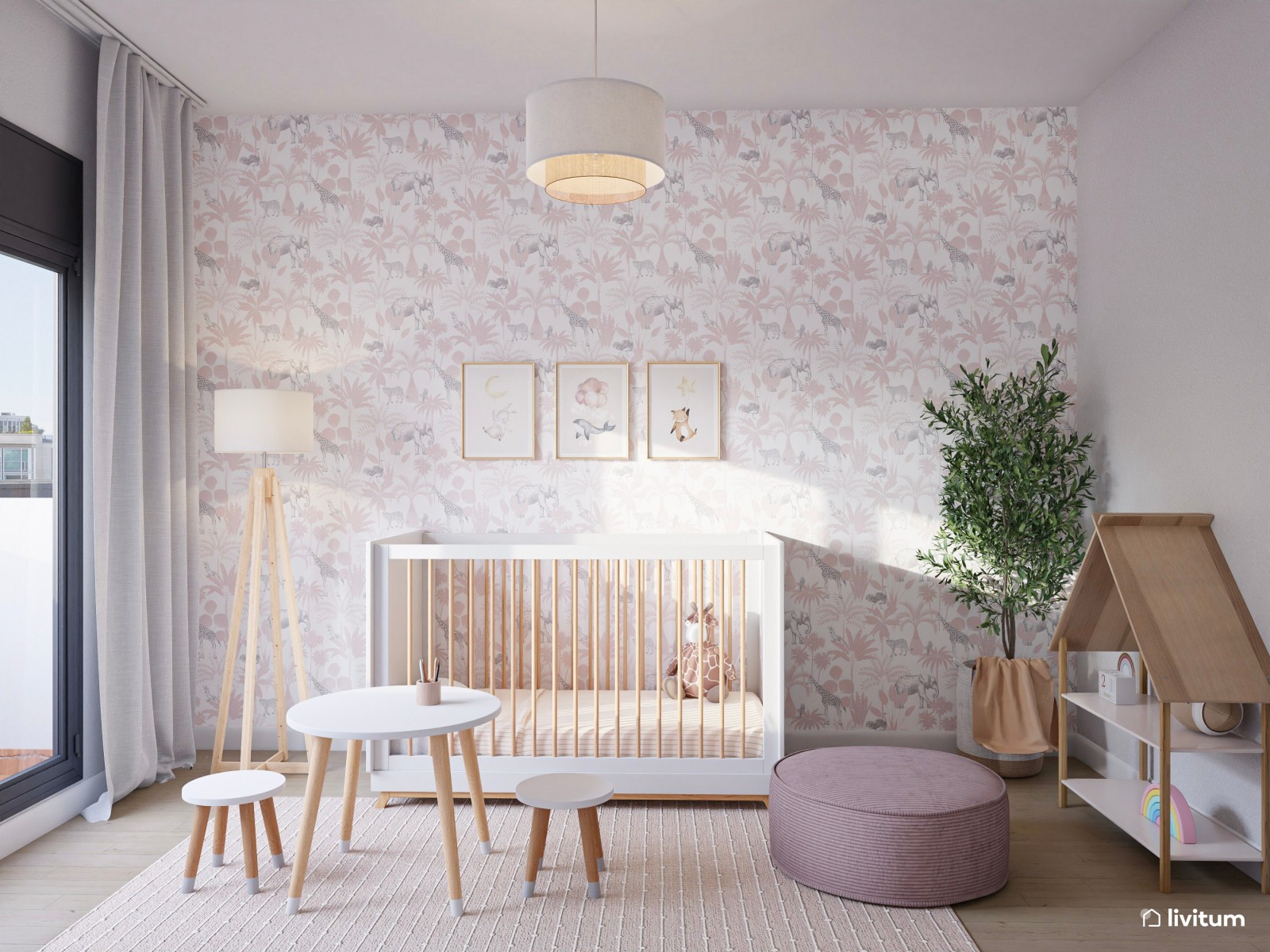 Encantador dormitorio infantil para bebé con zona de juego 