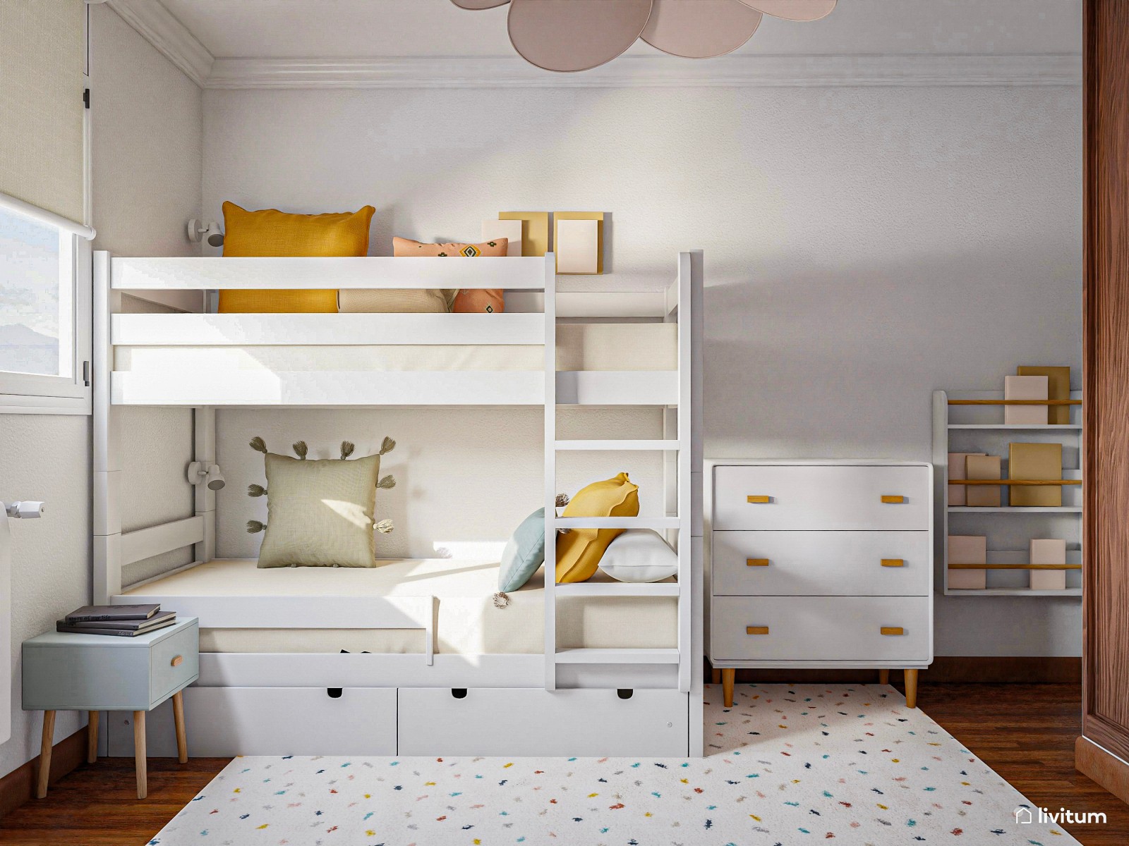 Encantadora habitación infantil con litera y dos escritorios