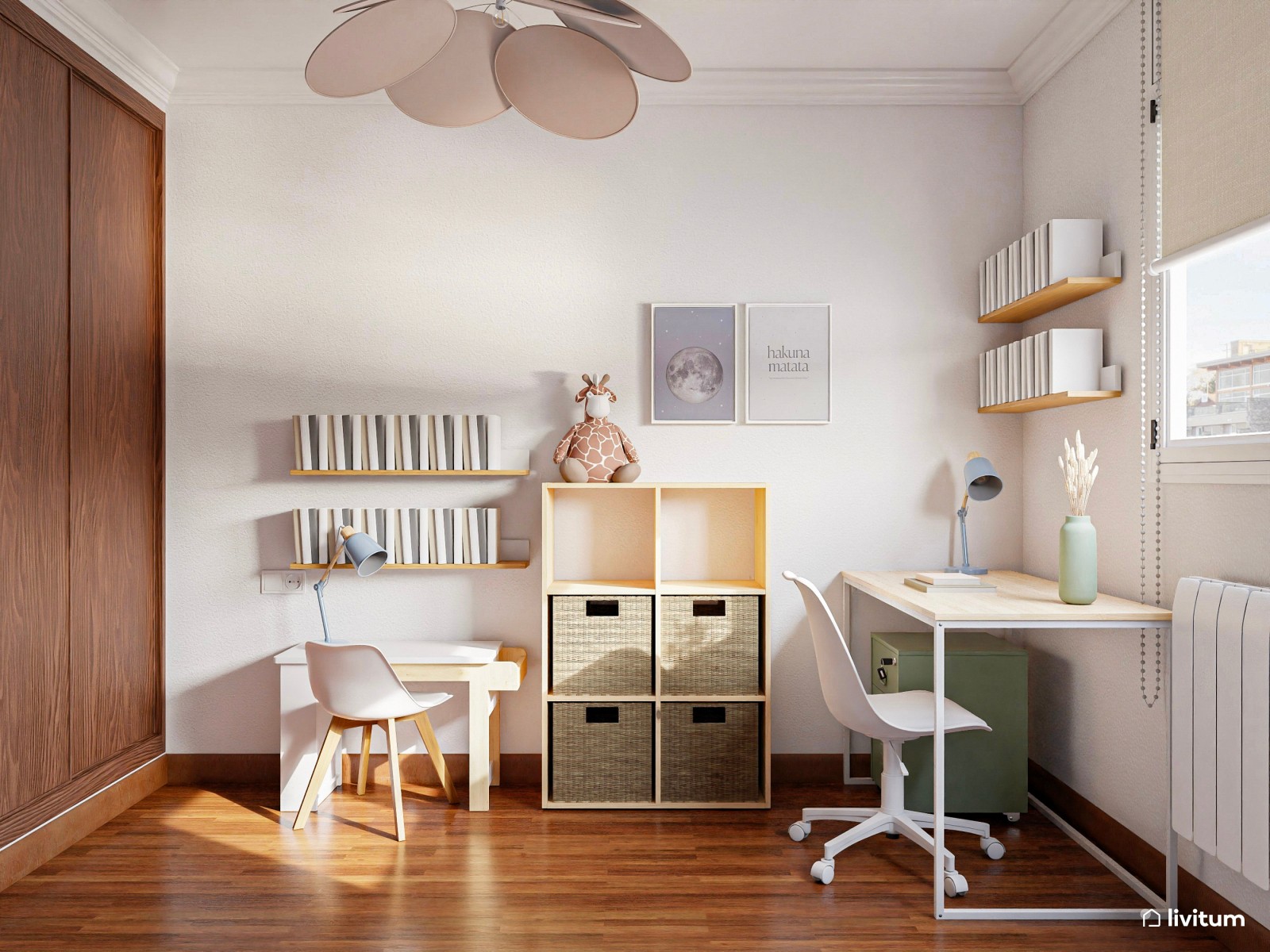 Encantadora habitación infantil con litera y dos escritorios