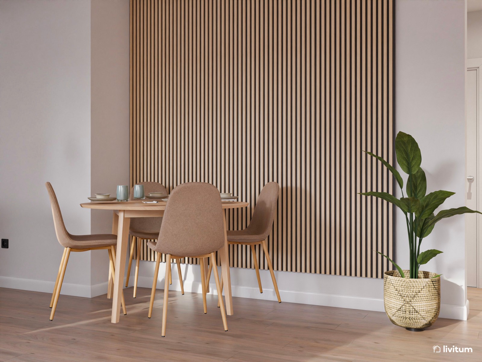 Espacioso salón comedor de estilo nórdico con cocina abierta