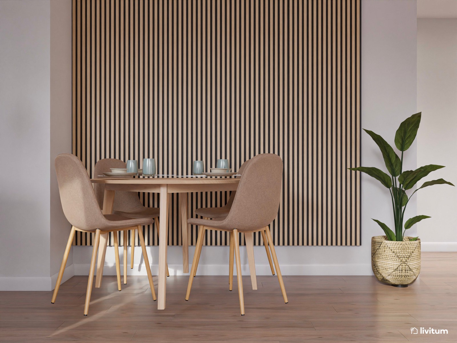 Espacioso salón comedor de estilo nórdico con cocina abierta