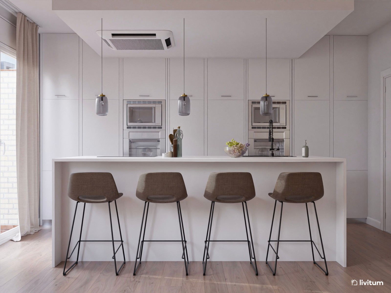 Espacioso salón comedor de estilo nórdico con cocina abierta