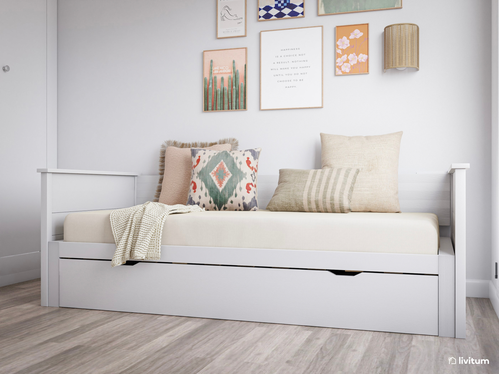 Estudio con cama extensible decorado con fibras naturales