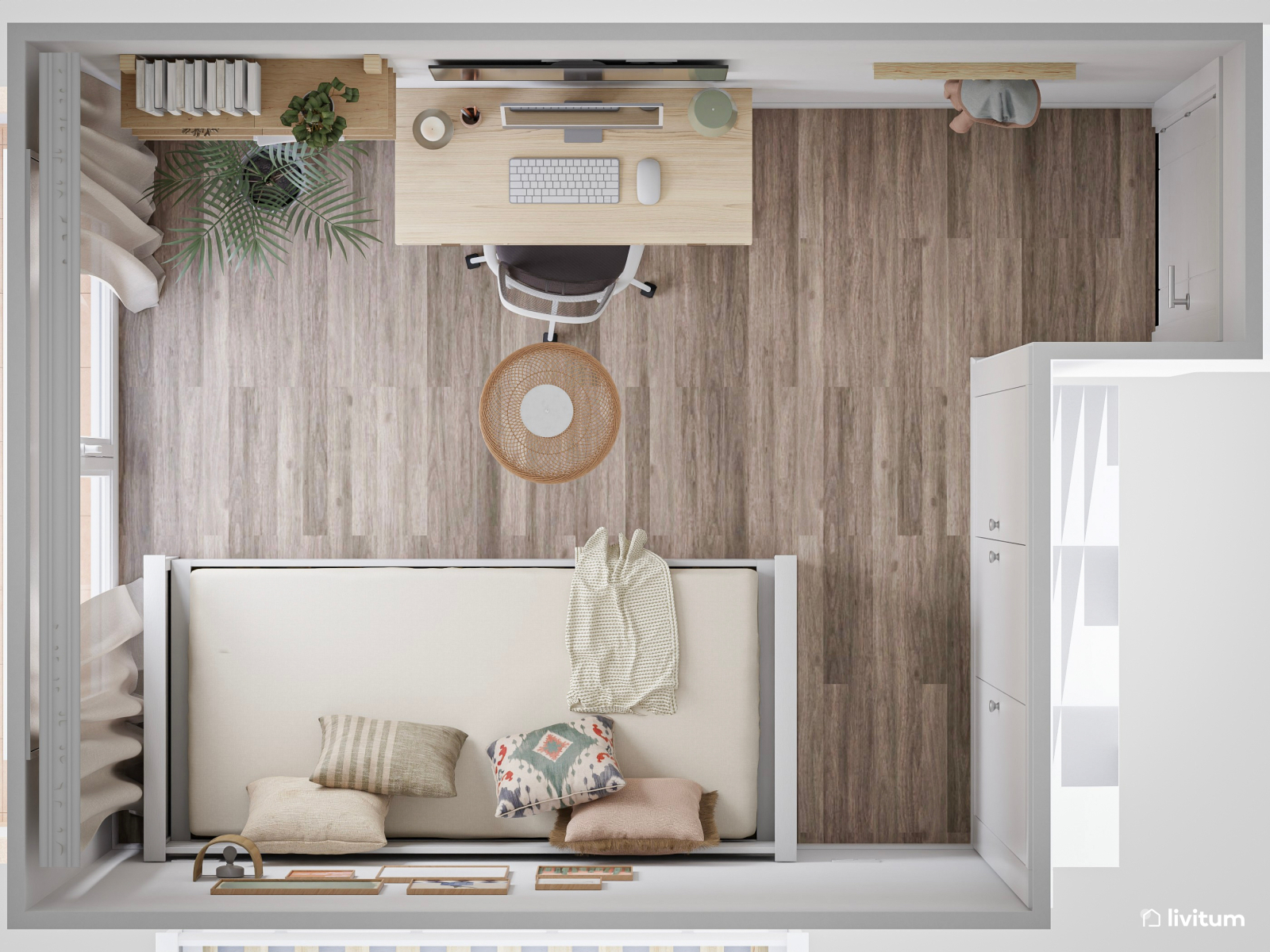 Estudio con cama extensible decorado con fibras naturales