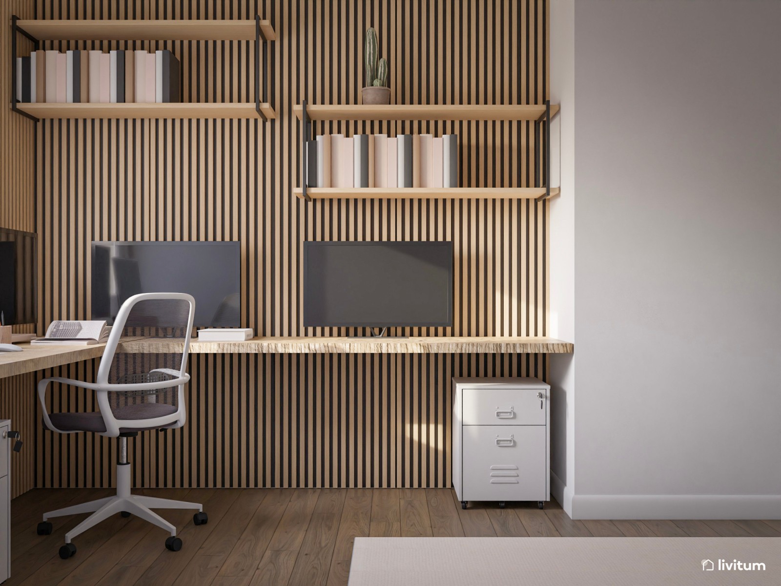 Estudio con paneles de madera y una cómoda zona de trabajo