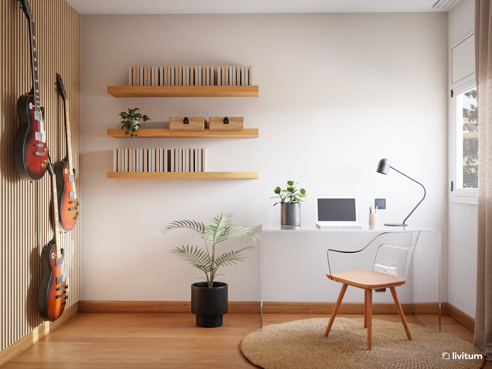 Estudio con una práctica pared de listones de madera 