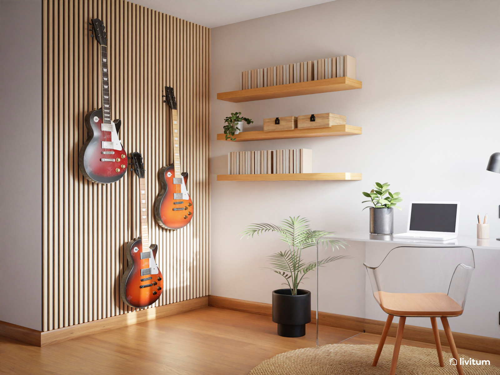 Estudio con una práctica pared de listones de madera 